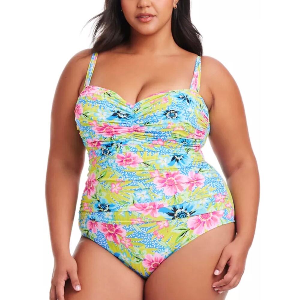 Bleu Rod Beattie Lets Get Away Shirred Bandeau One Piece Swim Suit 16W NWT
